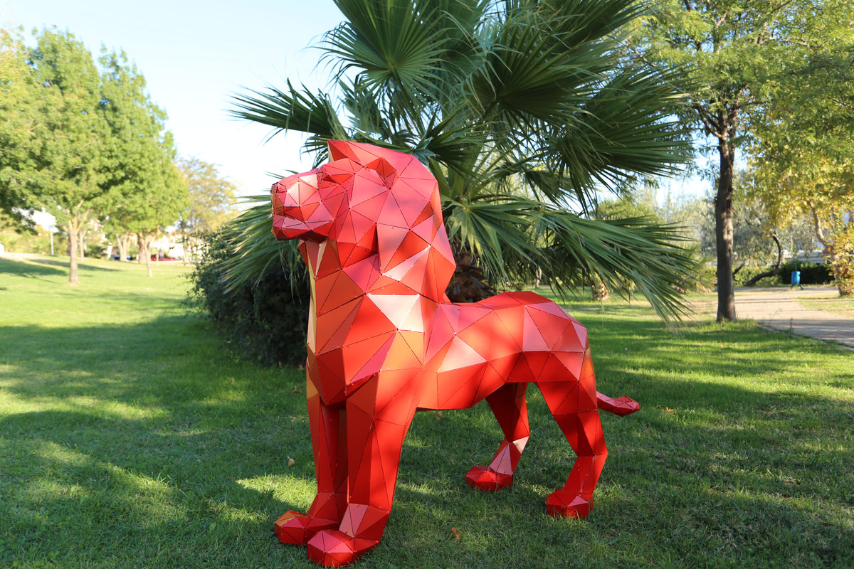Geometric Lion Sculpture - Red