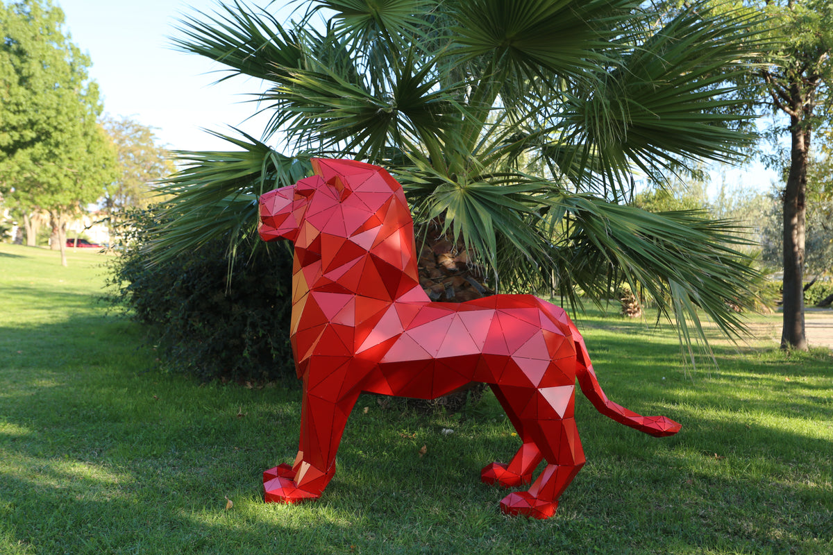 Geometric Lion Sculpture - Red